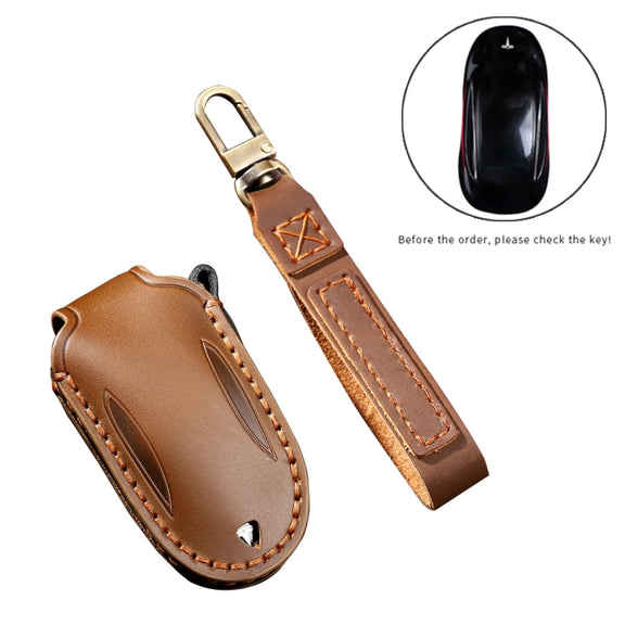 Hallmo Car Cowhide Leather Key Protective Cover Key Case for Tesla Model 3 / S A Style(Black)