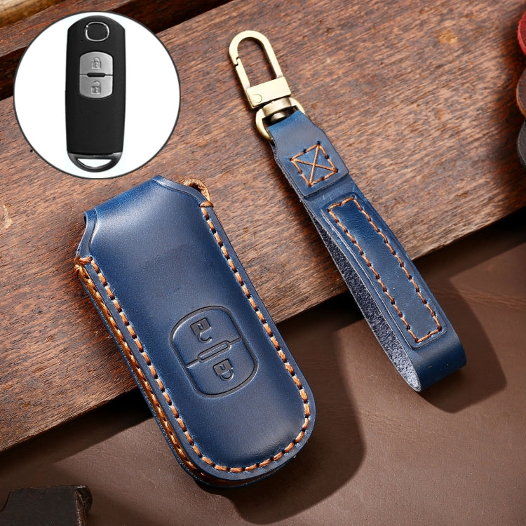 Hallmo Car Cowhide Leather Key Protective Cover Key Case for Mazda Axela 2-button(Blue) - Car Key Cases by Hallmo | Online Shopping South Africa | PMC TechLife | Buy Now Pay Later Mobicred