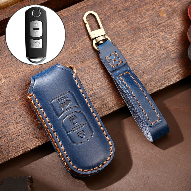 Hallmo Car Cowhide Leather Key Protective Cover Key Case for Mazda Axela 3-button(Blue) - Car Key Cases by Hallmo | Online Shopping South Africa | PMC TechLife | Buy Now Pay Later Mobicred