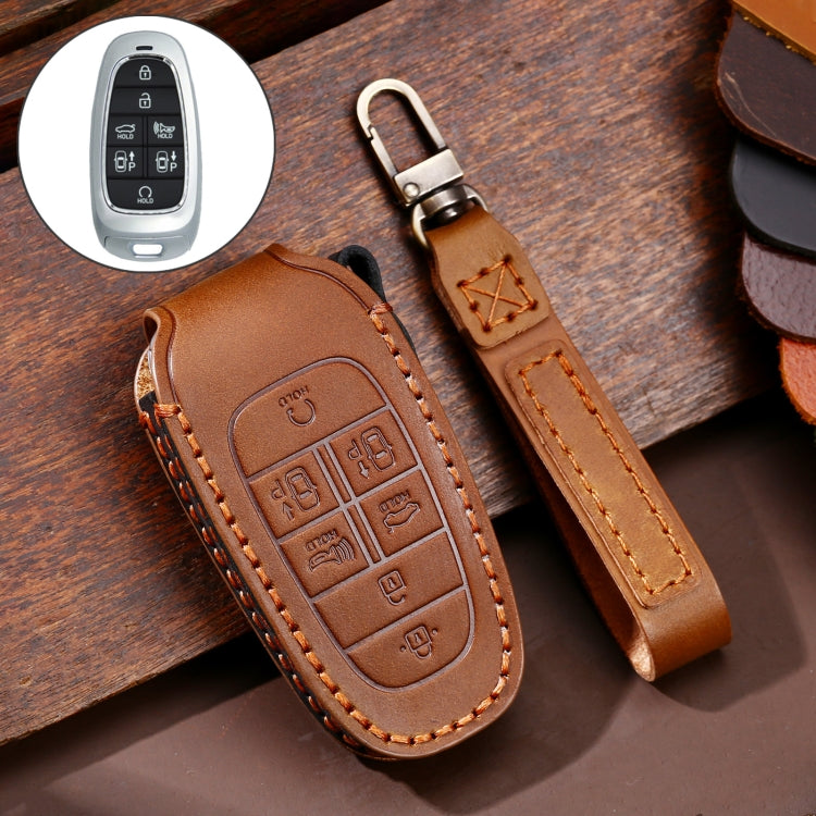 Hallmo Car Cowhide Leather Key Protective Cover Key Case for Hyundai 7-button(Brown) - Car Key Cases by Hallmo | Online Shopping South Africa | PMC TechLife | Buy Now Pay Later Mobicred