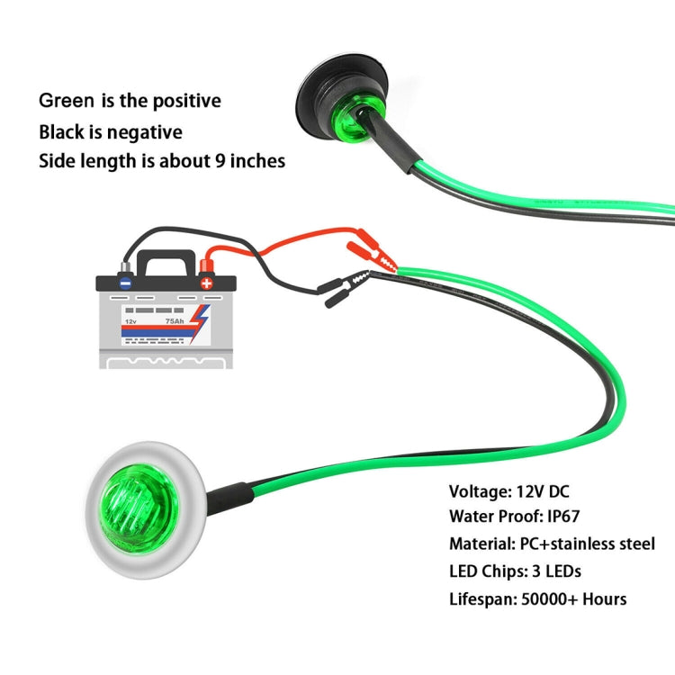 10 PCS MK-118 3/4 inch Metal Frame Car / Truck 3LEDs Side Marker Indicator Lights Bulb Lamp (Green Light) - Clearance Lights by PMC TechLife | Online Shopping South Africa | PMC TechLife | Buy Now Pay Later Mobicred