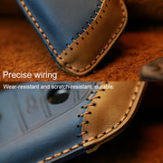 For BMW Blade Style Car Cowhide Leather Key Protective Cover Key Case, Two Keys Version (Blue)