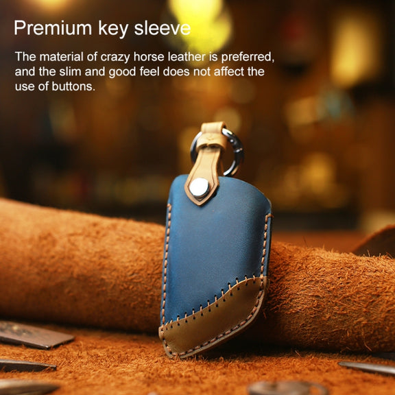 For BMW Blade Style Car Cowhide Leather Key Protective Cover Key Case, Two Keys Version (Blue)