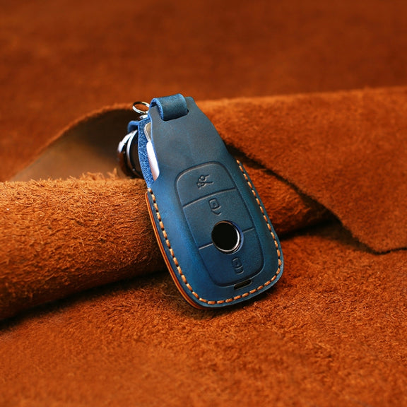 For Mercedes-Benz Colorful Edge Style Car Cowhide Leather Key Protective Cover Key Case (Blue)