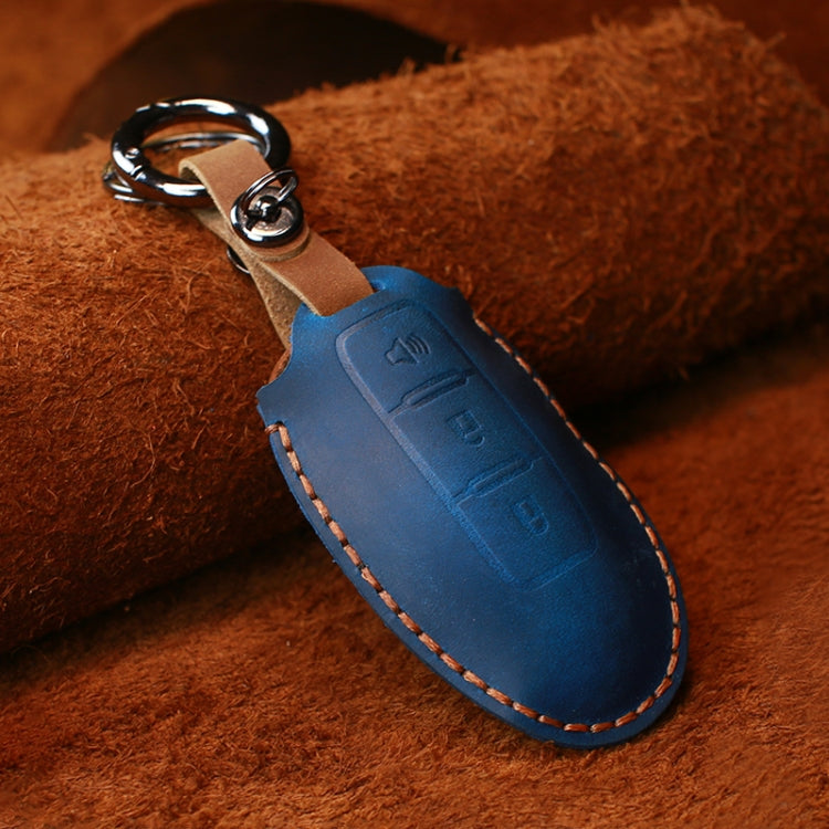 For Nissan Car Cowhide Leather Key Protective Cover Key Case, Three Keys Horn Version (Blue) - Car Key Cases by PMC Jewellery | Online Shopping South Africa | PMC Jewellery | Buy Now Pay Later Mobicred