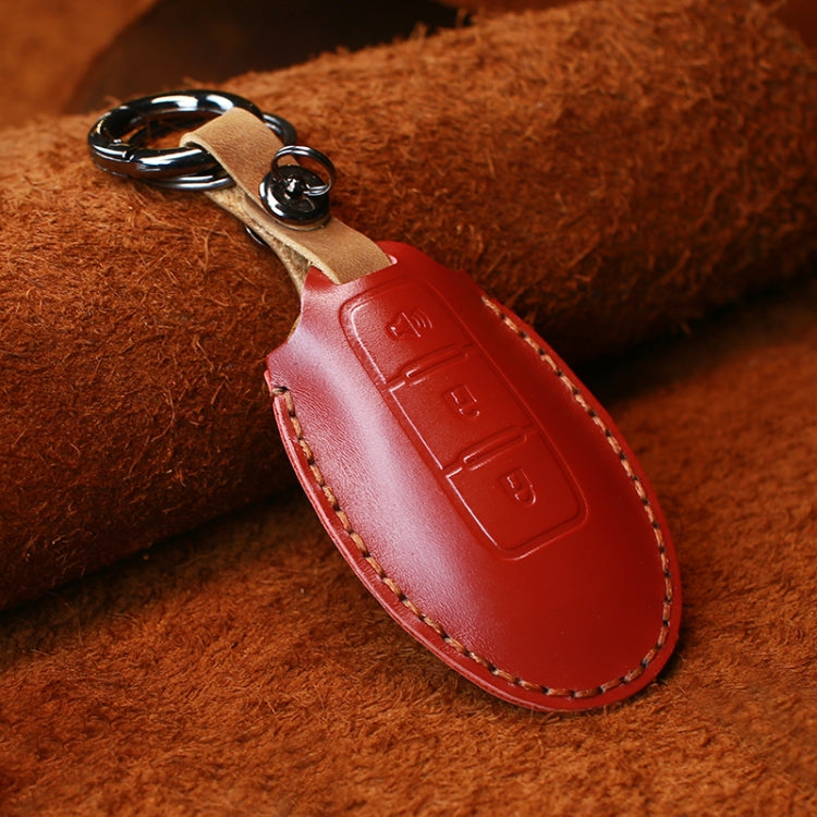 For Nissan Car Cowhide Leather Key Protective Cover Key Case, Three Keys Horn Version (Red) - Car Key Cases by PMC Jewellery | Online Shopping South Africa | PMC Jewellery | Buy Now Pay Later Mobicred