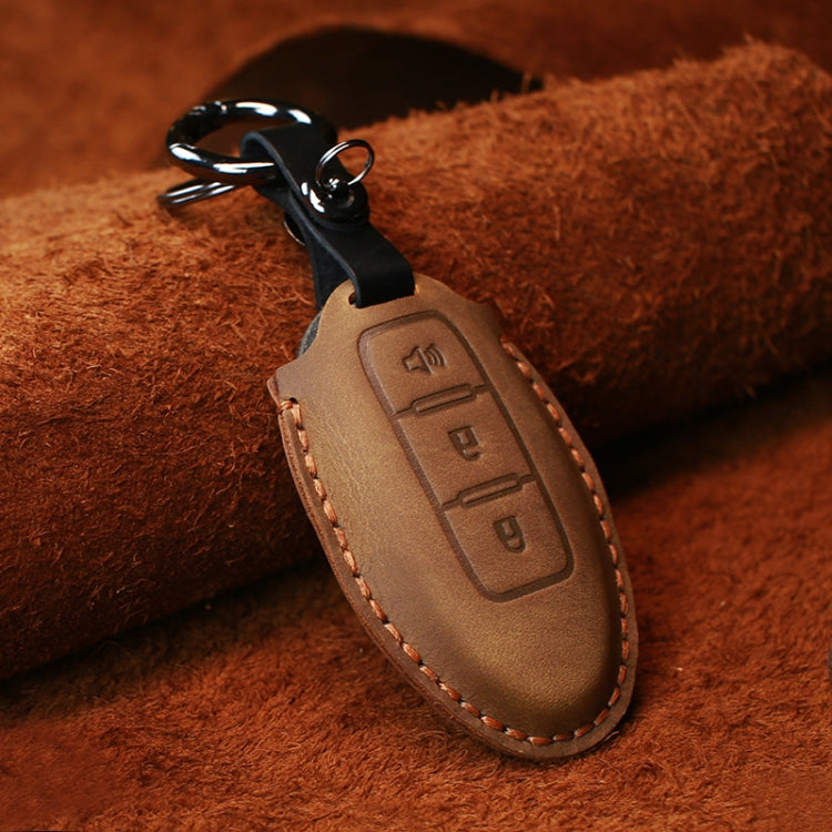 For Nissan Car Cowhide Leather Key Protective Cover Key Case, Three Keys Horn Version (Brown) - Car Key Cases by PMC Jewellery | Online Shopping South Africa | PMC Jewellery | Buy Now Pay Later Mobicred