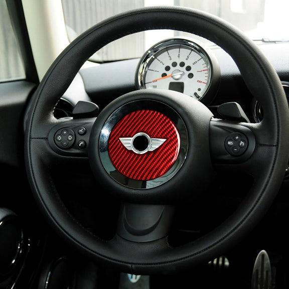 Car Carbon Fiber Steering Wheel Logo Decorative Sticker for BMW Mini Cooper Countryman F60 F55 F56, Left and Right Drive Universal (Red)