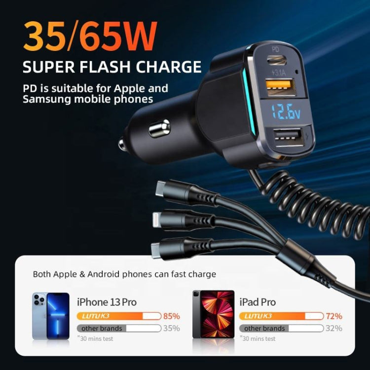 K4 Car 3 in 1 PD + USB Dual Port Fast Charger with Spring Data Cable - Car Charger by PMC TechLife | Online Shopping South Africa | PMC TechLife | Buy Now Pay Later Mobicred