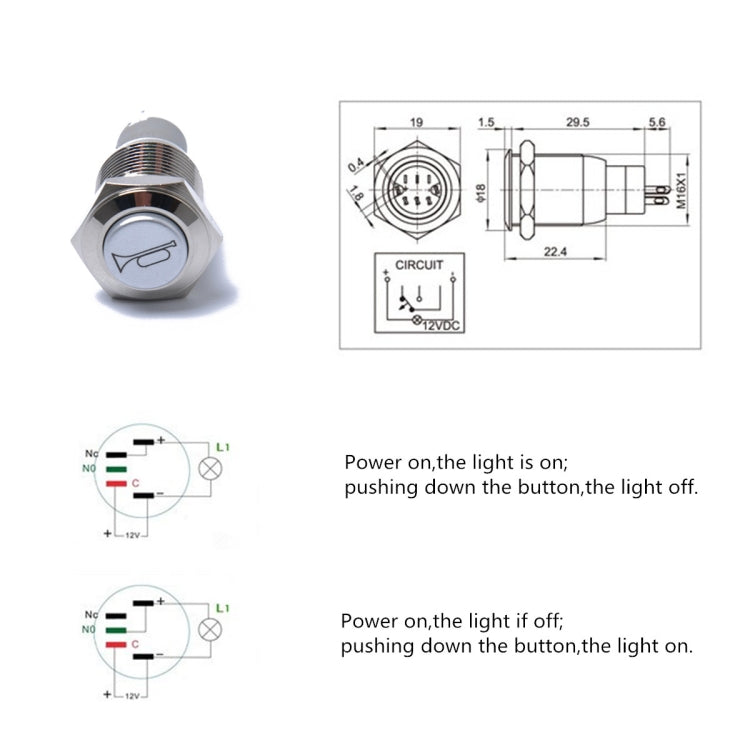Momentary Reset Switch Push Button 16mm 12V for Car Motorcycle Horn Speaker - Car Switches by PMC TechLife | Online Shopping South Africa | PMC TechLife | Buy Now Pay Later Mobicred