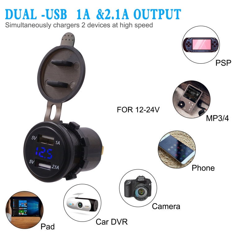 Universal Car Dual Port USB Charger Power Outlet Adapter 3.1A 5V IP66 with LED Digital Voltmeter + 60cm Cable(Blue Light)