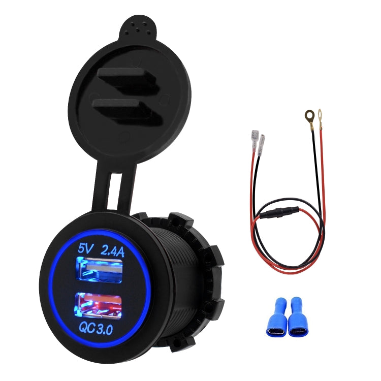 Universal Car QC3.0 Dual Port USB Charger Power Outlet Adapter 5V 2.4A IP66 with 60cm Cable(Blue Light) - DIY Modified Charger by PMC TechLife | Online Shopping South Africa | PMC TechLife | Buy Now Pay Later Mobicred