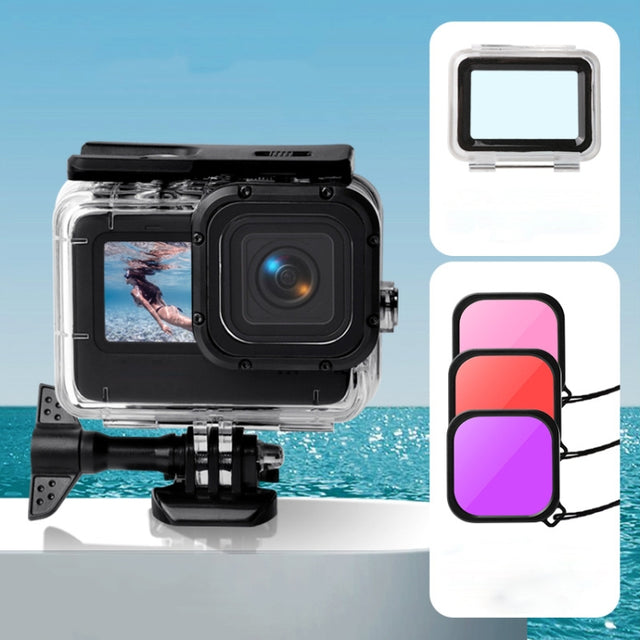 Water-resistant Case + Touch Back Cover + Purple Red Pink Lens Filter for GoPro HERO10 Black / HERO9 Black
