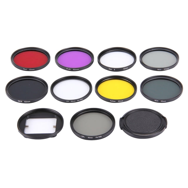 JUNESTAR 11 in 1 Proffesional 52mm Lens Filter(CPL + UV + ND8 + ND4 + ND2 + Star 8 + Red + Yellow + FLD / Purple) & Water-resistant Housing Case Adapter Ring & Lens Protective Cap for GoPro HERO4 / 3+ / 3 & Xiaomi Xiaoyi Yi I / II 4K Sport Action Camera
