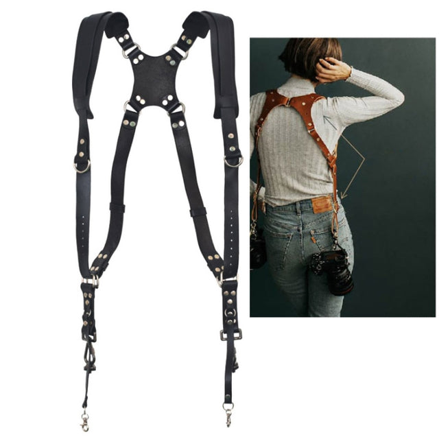 Quick Release Anti-Slip Dual Shoulder Leather Harness Camera Strap with Metal Hook for SLR / DSLR Cameras(Black)