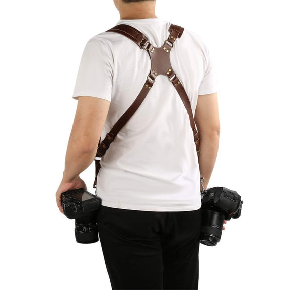 Quick Release Anti-Slip Dual Shoulder Leather Harness Camera Strap with Metal Hook for SLR / DSLR Cameras(Black)