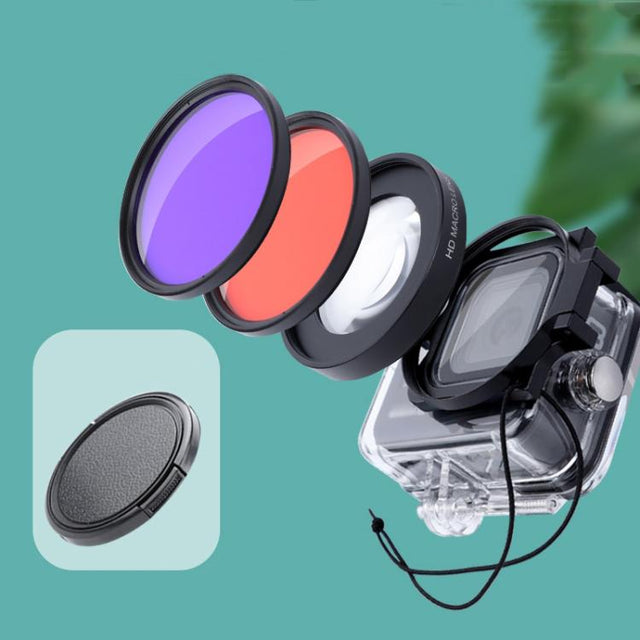 RUIGPRO for GoPro HERO8 58mm 16X Macro Lens + Red/Purple Diving Lens  Filter + Dive Housing Water-resistant Case Kits with Filter Adapter Ring & Lens Cap