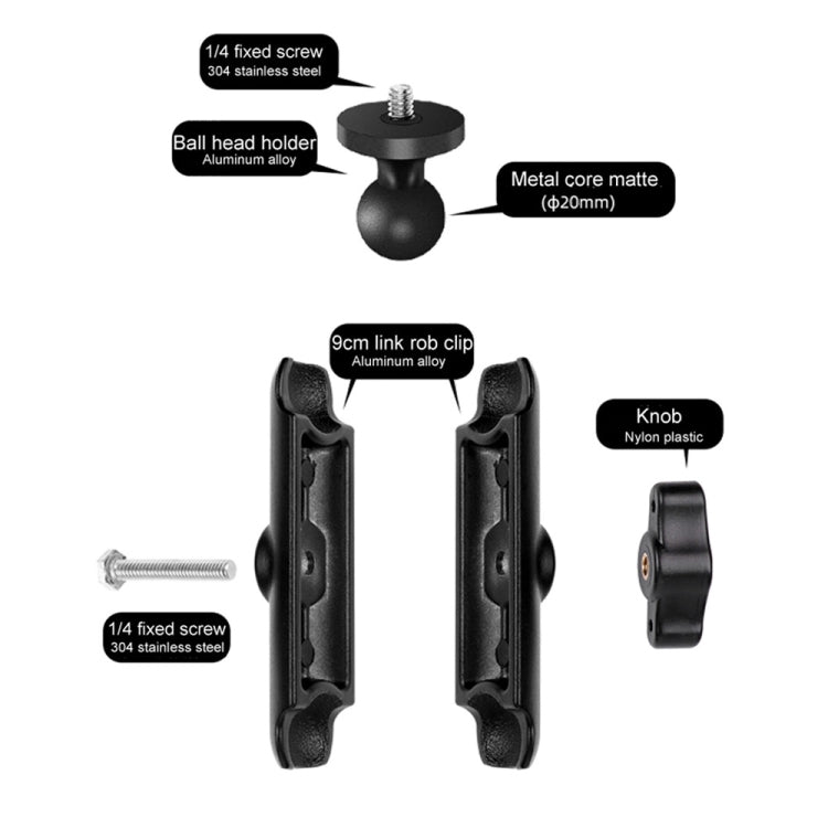 9cm Connecting Rod 20mm Ball Head Motorcycle Rearview Mirror Fixed Mount Holder with Tripod Adapter & Screw for GoPro, Insta360, DJI and Other Action Cameras(Black) - Bicycle Handlebar Mount by PMC TechLife | Online Shopping South Africa | PMC TechLife | Buy Now Pay Later Mobicred