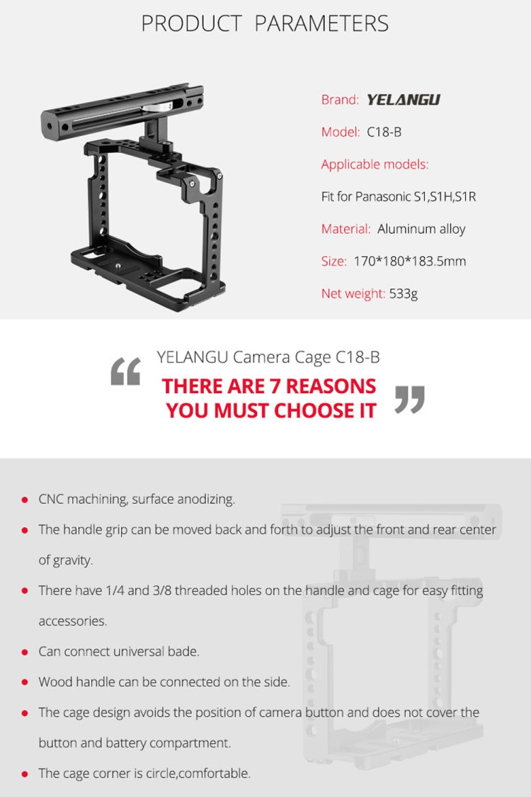YELANGU C18 YLG0915A-B Video Camera Cage Stabilizer with Handle for Panasonic Lumix DC-S1H / DC-S1 / DC-S1R (Black) - free shipping - PMC Jewellery - Order now!