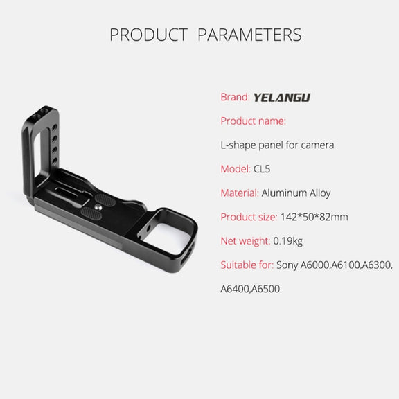 YELANGU YLG0715A 1/4 inch Vertical Shoot Quick Release L Plate Bracket Base Holder for Sony A6300 / A6000 / A6100 / A6400 / A6500 (Black)