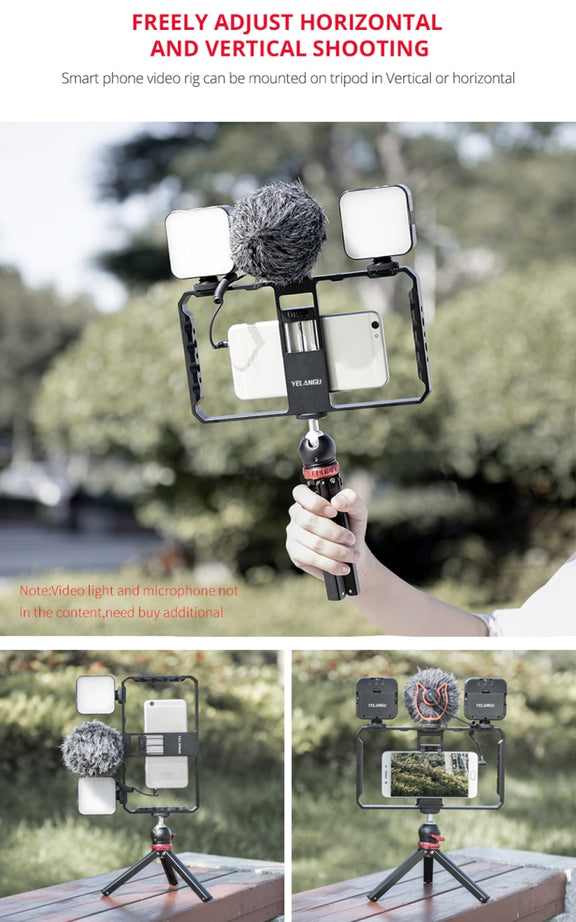 YELANGU  PC06 YLG0909A Vlogging Live Broadcast Smartphone Metal Cage Video Rig Filmmaking Recording Handle Stabilizer Bracket for iPhone, Galaxy, Huawei, Xiaomi, HTC, LG, Google, and Other Smartphones(Black)