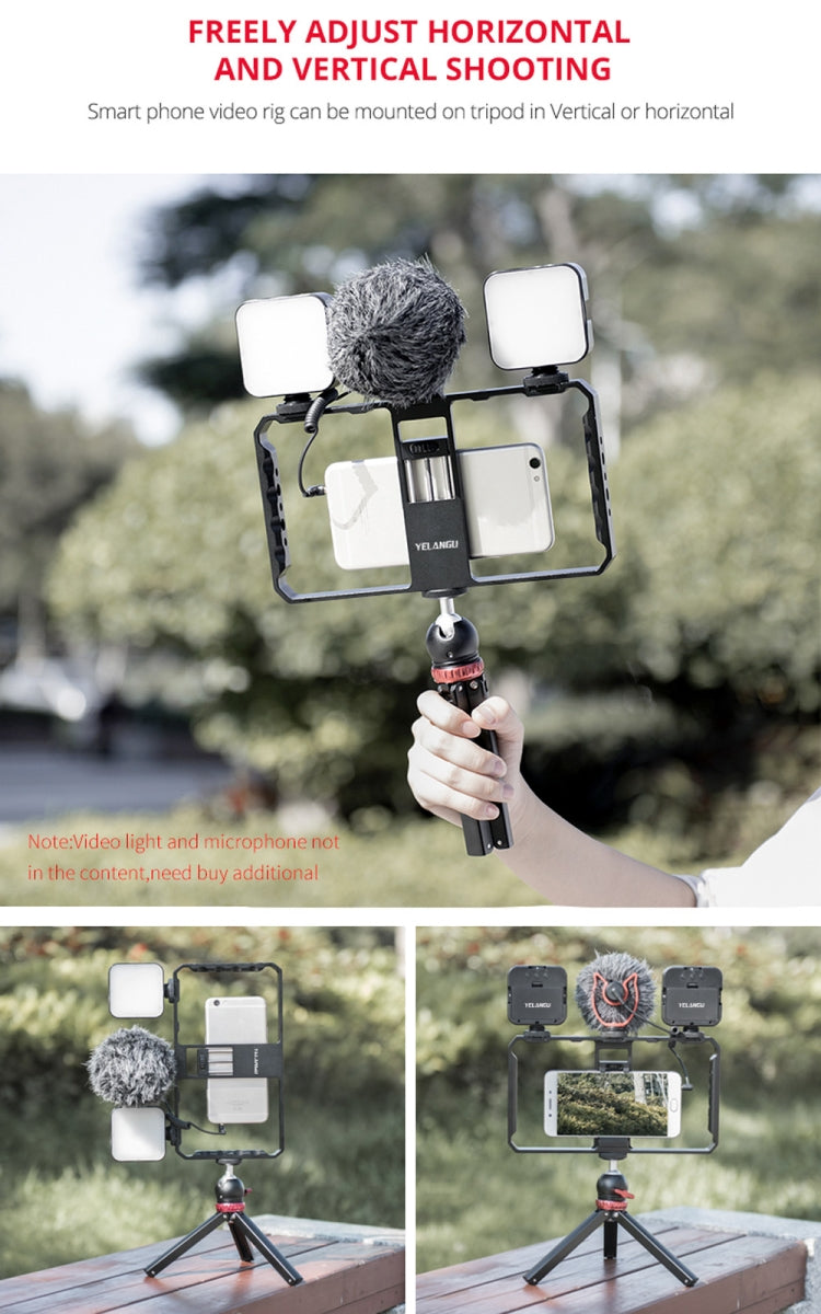 YELANGU  PC06 YLG0909A Vlogging Live Broadcast Smartphone Metal Cage Video Rig Filmmaking Recording Handle Stabilizer Bracket for iPhone, Galaxy, Huawei, Xiaomi, HTC, LG, Google, and Other Smartphones(Black)