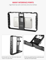 YELANGU  PC06 YLG0909A Vlogging Live Broadcast Smartphone Metal Cage Video Rig Filmmaking Recording Handle Stabilizer Bracket for iPhone, Galaxy, Huawei, Xiaomi, HTC, LG, Google, and Other Smartphones(Black)