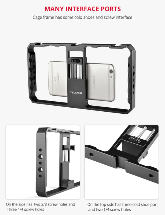 YELANGU  PC06 YLG0909A Vlogging Live Broadcast Smartphone Metal Cage Video Rig Filmmaking Recording Handle Stabilizer Bracket for iPhone, Galaxy, Huawei, Xiaomi, HTC, LG, Google, and Other Smartphones(Black)