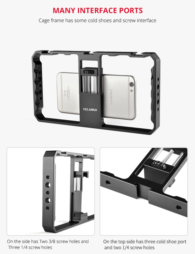 YELANGU  PC06 YLG0909A Vlogging Live Broadcast Smartphone Metal Cage Video Rig Filmmaking Recording Handle Stabilizer Bracket for iPhone, Galaxy, Huawei, Xiaomi, HTC, LG, Google, and Other Smartphones(Black)