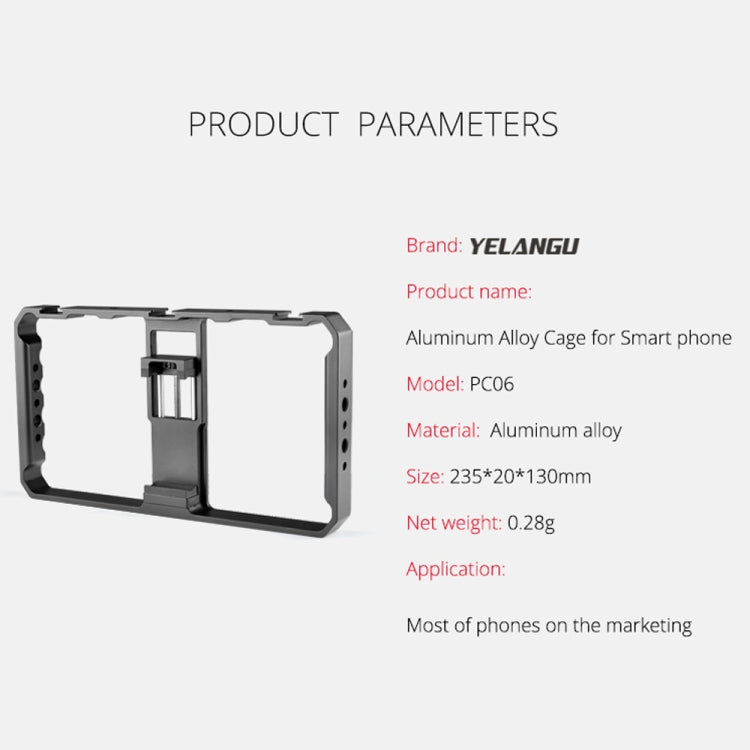 YELANGU  PC06 YLG0909A Vlogging Live Broadcast Smartphone Metal Cage Video Rig Filmmaking Recording Handle Stabilizer Bracket for iPhone, Galaxy, Huawei, Xiaomi, HTC, LG, Google, and Other Smartphones(Black)