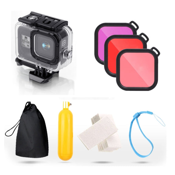 For GoPro HERO8 Black 45m Water-resistant Housing Protective Case with Buckle Basic Mount & Screw & (Purple, Red, Pink) Filters & Floating Bobber Grip & Strap & Anti-Fog Inserts (Transparent)