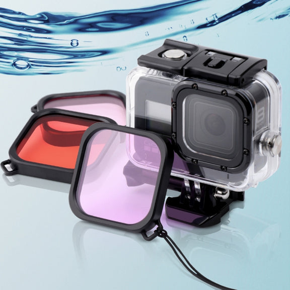 For GoPro HERO8 Black 45m Water-resistant Housing Protective Case with Buckle Basic Mount & Screw & (Purple, Red, Pink) Filters & Floating Bobber Grip & Strap & Anti-Fog Inserts (Transparent)