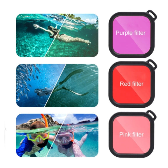 For GoPro HERO8 Black 45m Water-resistant Housing Protective Case with Buckle Basic Mount & Screw & (Purple, Red, Pink) Filters & Floating Bobber Grip & Strap & Anti-Fog Inserts (Transparent)