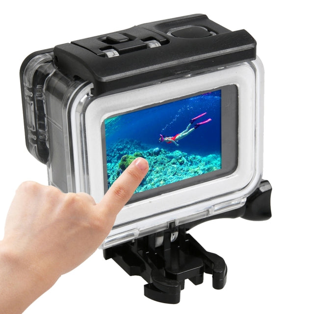For GoPro HERO5 30m Water-resistant PC & ABS Housing Protective Case + Touch Back Cover with Buckle Basic Mount & Long Screw, Backcover Size: 7 x 6 cm