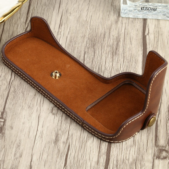 1/4 inch Thread PU Leather Camera Half Case Base for Canon EOS 90D (Coffee)