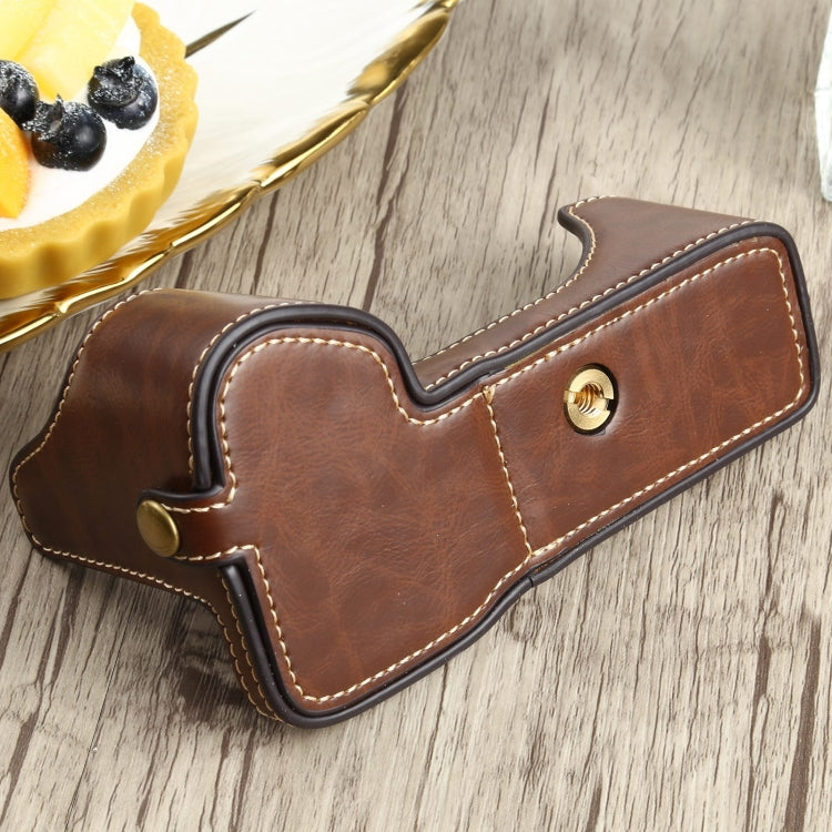 1/4 inch Thread PU Leather Camera Half Case Base for Sony ILCE-7RM4 / A7RM4 / A7R IV (Coffee) - free shipping - PMC TechLife - Order now!