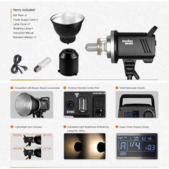 Godox MS300 Studio Flash Light 300Ws Bowens Mount Studio Speedlight with Cover(AU Plug)
