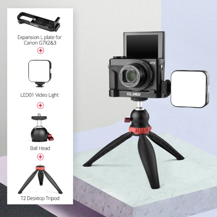 YELANGU CL9-A Camera Expansion Board Base L Plate Kit with LED Light + Tripod + Ball-head for Canon G7X2/ G7X3(Black)