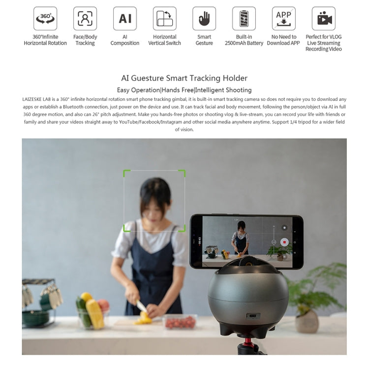 LAIZESKE LA8 Smart Robot Cameraman 360 Degree Auto Tracking Phone Holder (Grey) - free shipping - PMC TechLife - Order now!