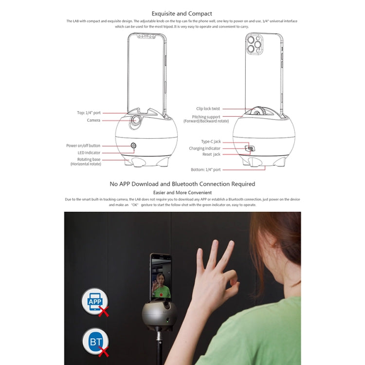 LAIZESKE LA8 Smart Robot Cameraman 360 Degree Auto Tracking Phone Holder (Grey) - free shipping - PMC TechLife - Order now!