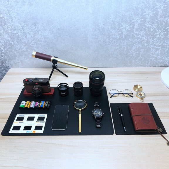 26 in 1 Non-Working Fake Dummy Camera Model for Leica + 3 x Camera Lens Models + Phone Model + Film Shell Models + Copper Compass + Metal Telescope + Metal Magnifier + Notebook + Glasses + Mat Desk Photo Studio Props