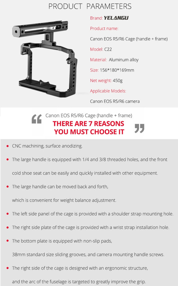 YELANGU C22 YLG0334B Video Camera Cage Stabilizer with Handle for Canon EOS R5/R6 (Black)