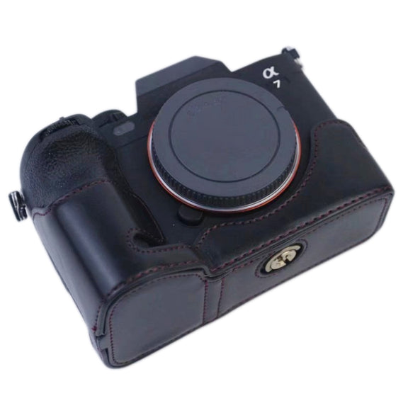 1/4 inch Thread PU Leather Camera Half Case Base for Sony A7 IV (Coffee)