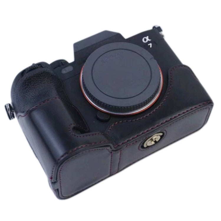 1/4 inch Thread PU Leather Camera Half Case Base for Sony A7 IV (Coffee)
