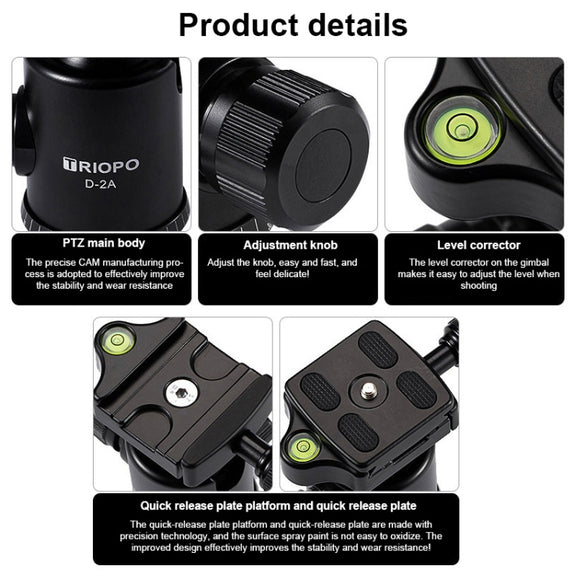TRIOPO D-2A 360 Degree Rotation Aluminum Alloy Tripod 36mm Ball Head with Quick Release Plate