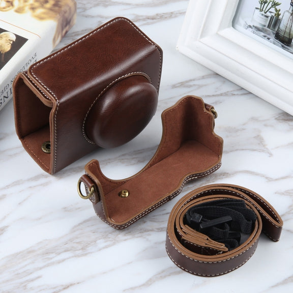 For Sony ZV-1F Vlog Camera Full Body Magnetic Leather Camera Case Bag with Strap (Coffee)