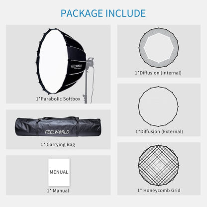FEELWORLD FSP90 90cm Parabolic Softbox Quick Release Diffuser with Bowens Mount (Black) - free shipping - PMC Jewellery - Order now!