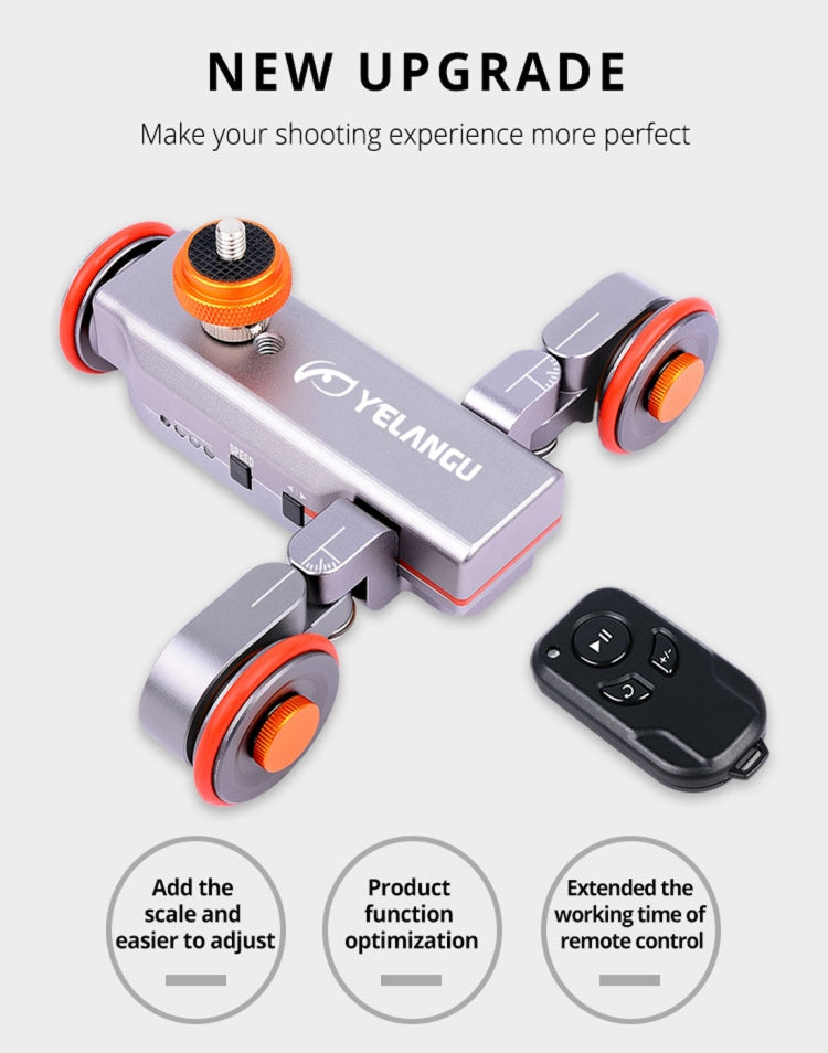 YELANGU L4X Camera 3-wheel Dolly II Electric Track Slider 3-Wheel Video Pulley Rolling Dolly Car with Remote Control for DSLR / Home DV Cameras, GoPro, Smartphones, Load: 3kg(Grey) - free shipping - PMC TechLife - Order now!