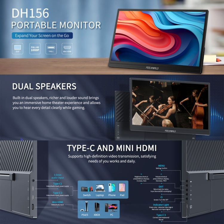 FEELWORLD DH156 15.6 inch Portable External Monitor FHD 1080P USB-C HDMI (Black) - free shipping - PMC Jewellery - Order now!