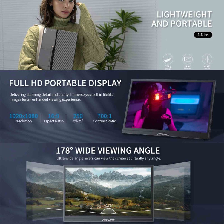 FEELWORLD DH156 15.6 inch Portable External Monitor FHD 1080P USB-C HDMI (Black) - free shipping - PMC Jewellery - Order now!